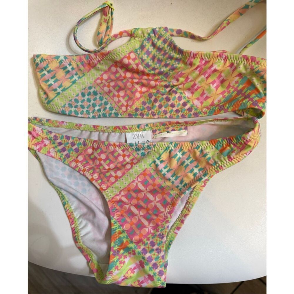 Zara Kids Girls Printed Halter Swim Two-Piece Bikini Set Multicolor Size 8-9